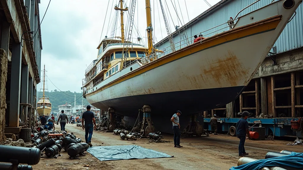 Multiple trades working on a dive liveaboard during its annual docking in Sorong