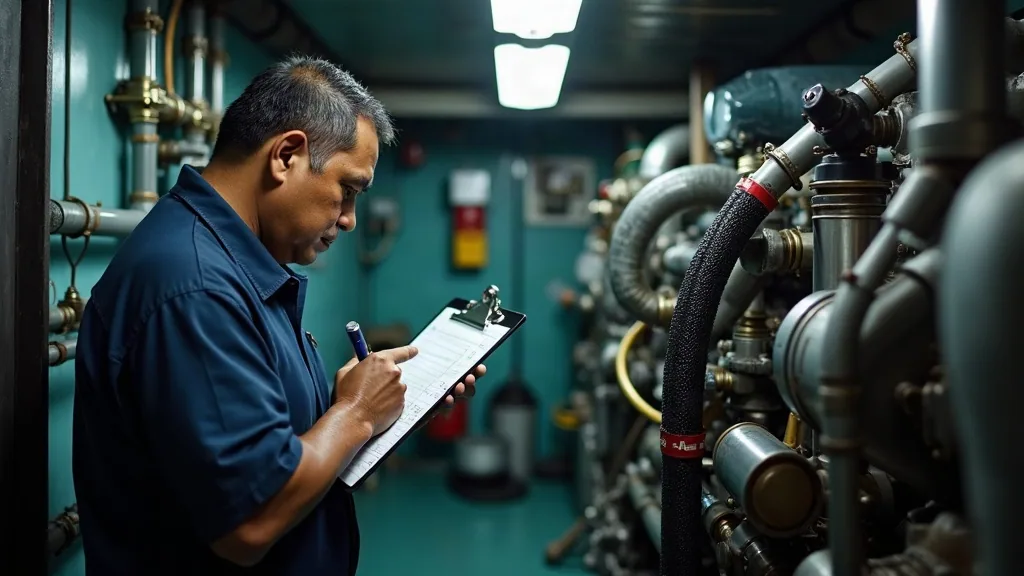 Engineer running through an annual maintenance checklist in the engine room of a tourist vessel