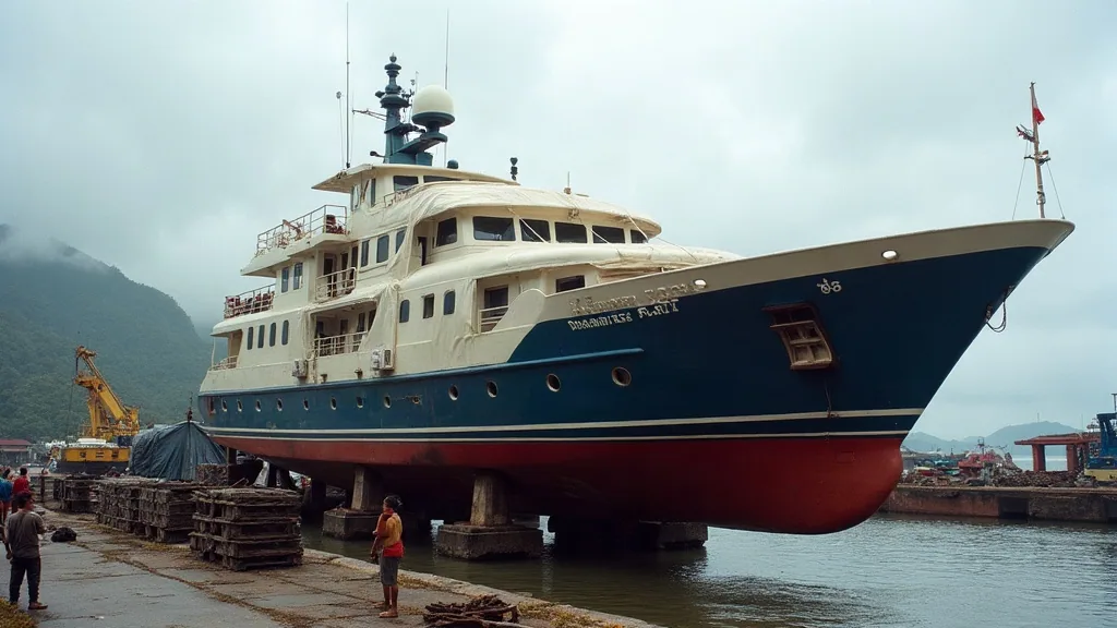 Foreign-flagged expedition yacht ashore at a commercial shipyard in the Sorong area