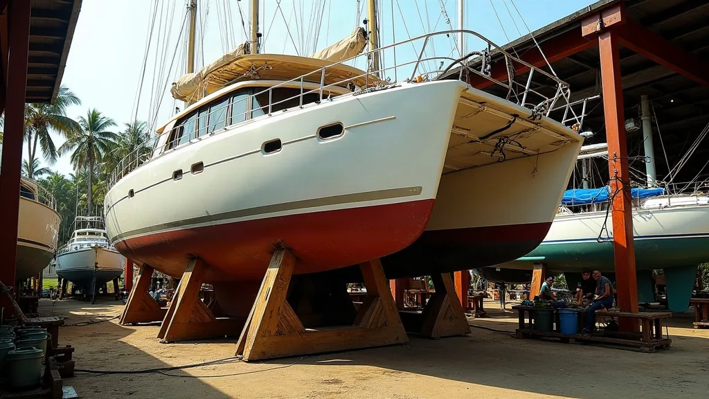 Cruising catamaran supported on transverse cradle beams under both hulls at a tropical boatyard