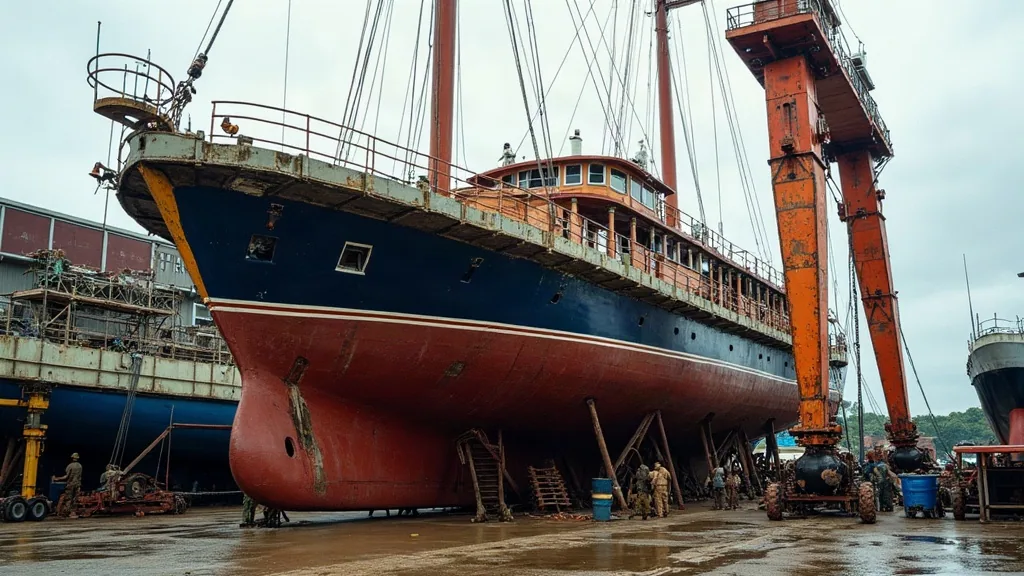 Liveaboard mid-refit ashore with scaffolding, new plating and interior work under way