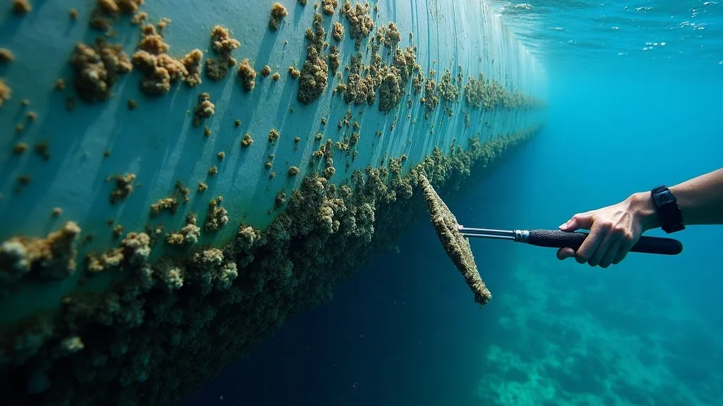 Underwater view of tropical fouling growth on a hull with antifouling breaking down at the waterline