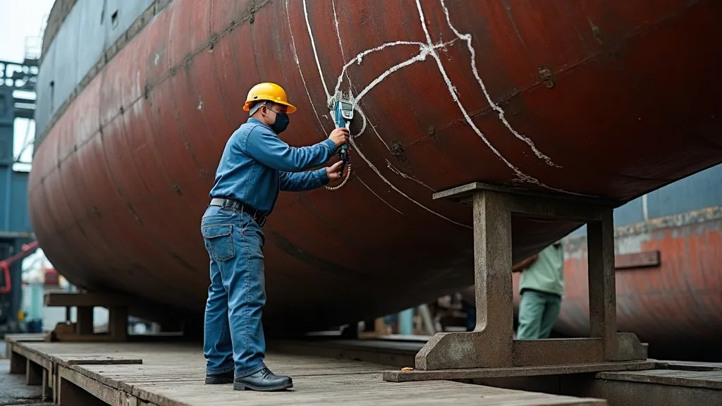 Ultrasonic thickness readings being taken on a chalk-gridded steel hull during a docking in Sorong