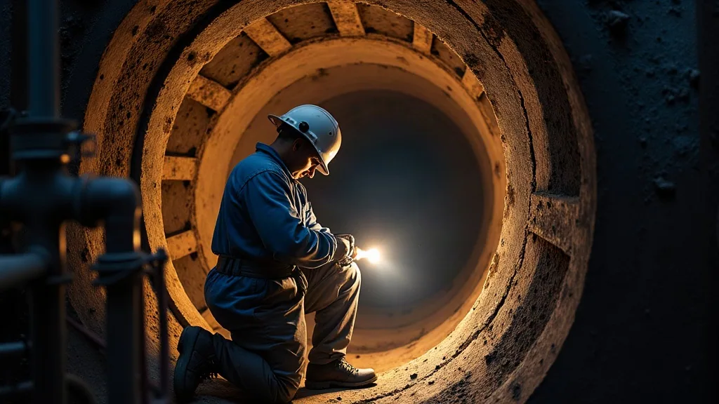Class surveyor inspecting internal tank structure during a special survey in eastern Indonesia
