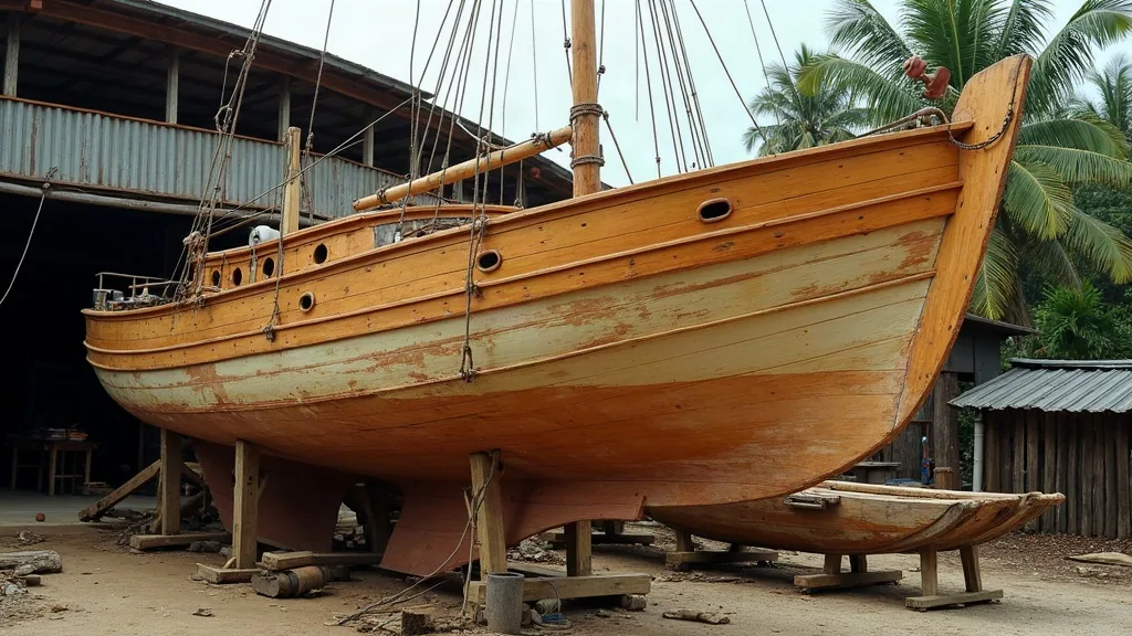 Newly replaced planking on a wooden phinisi hull ashore at a yard near Sorong