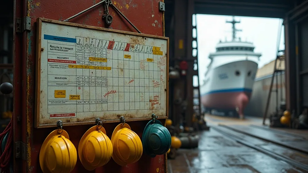 Refit progress schedule board in a shipyard office with a vessel on the slipway beyond