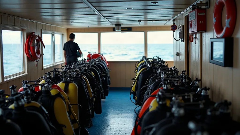 Secured cylinder racks, emergency oxygen and liferaft stowage on the dive deck of a liveaboard