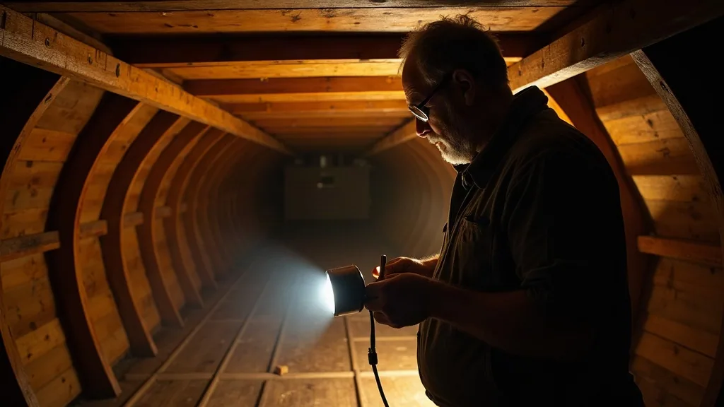 Surveyor examining exposed frames and fastenings inside a wooden phinisi hull
