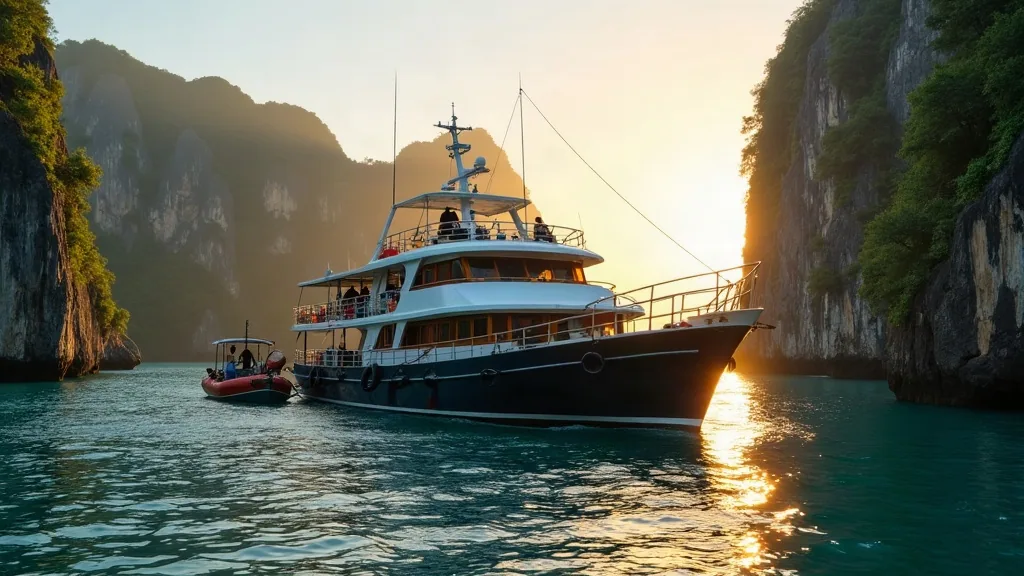 Dive liveaboard anchored among the karst islands of Raja Ampat with a tender alongside