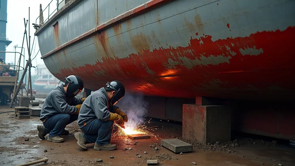 Marine welders fitting an insert plate into a steel liveaboard hull at a boatyard near Sorong