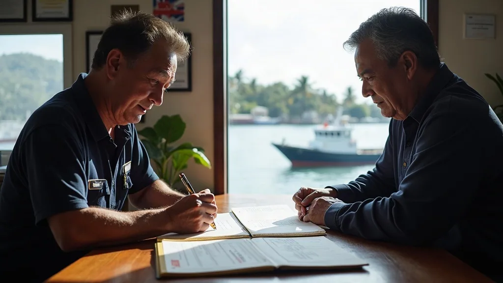 Ship agent and captain reviewing clearance documents at a harbour office in Sorong