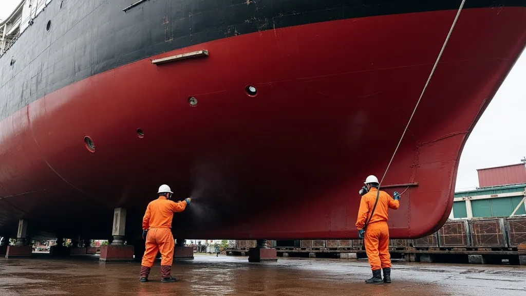 Yard workers applying antifouling coating to a hull on the hard at a shipyard in West Papua