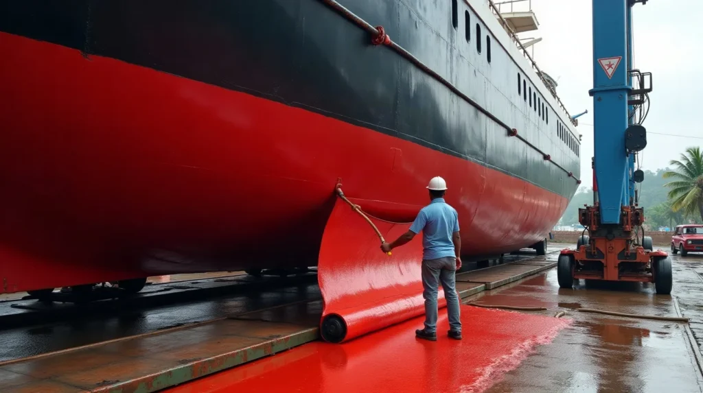 Fresh antifouling being rolled onto a hauled vessel's hull at a slipway in eastern Indonesia