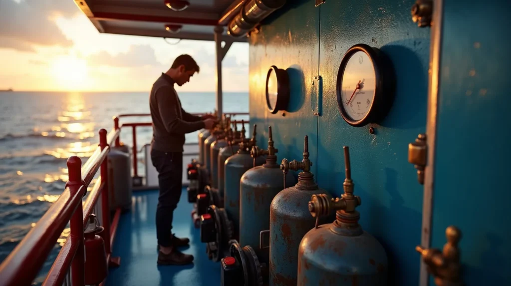 Dive compressor and filter tower filling cylinders aboard a Raja Ampat liveaboard under air-quality checks
