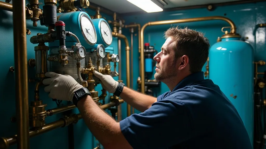 Technician servicing a breathing-air compressor in the compressor room of a dive liveaboard
