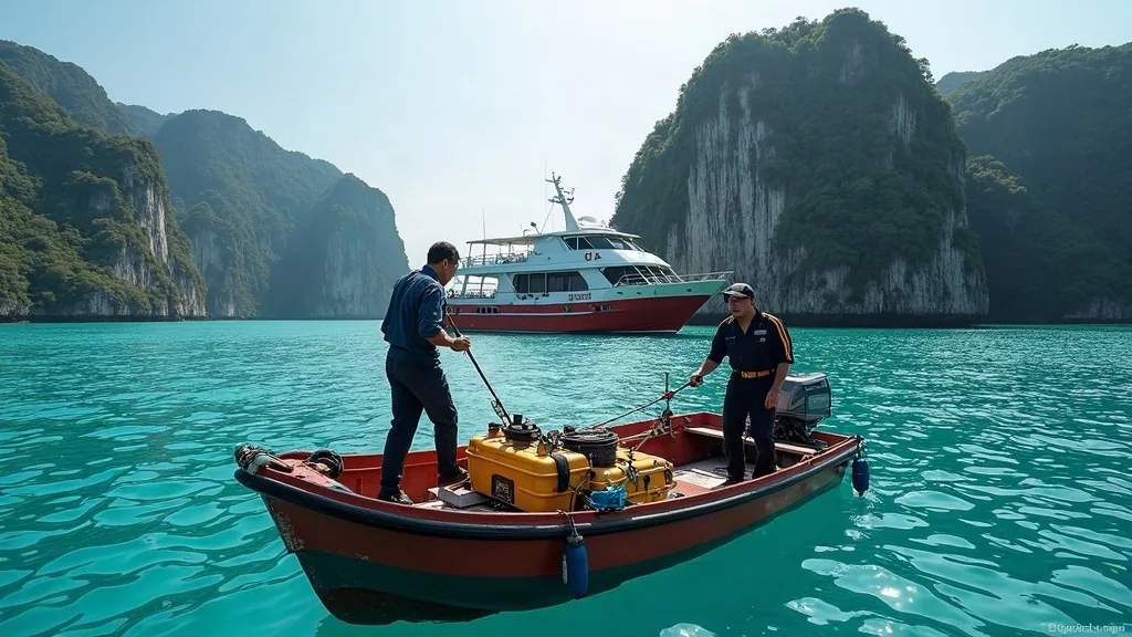 Technicians arriving by workboat to repair a liveaboard anchored among the karst islands of Raja Ampat