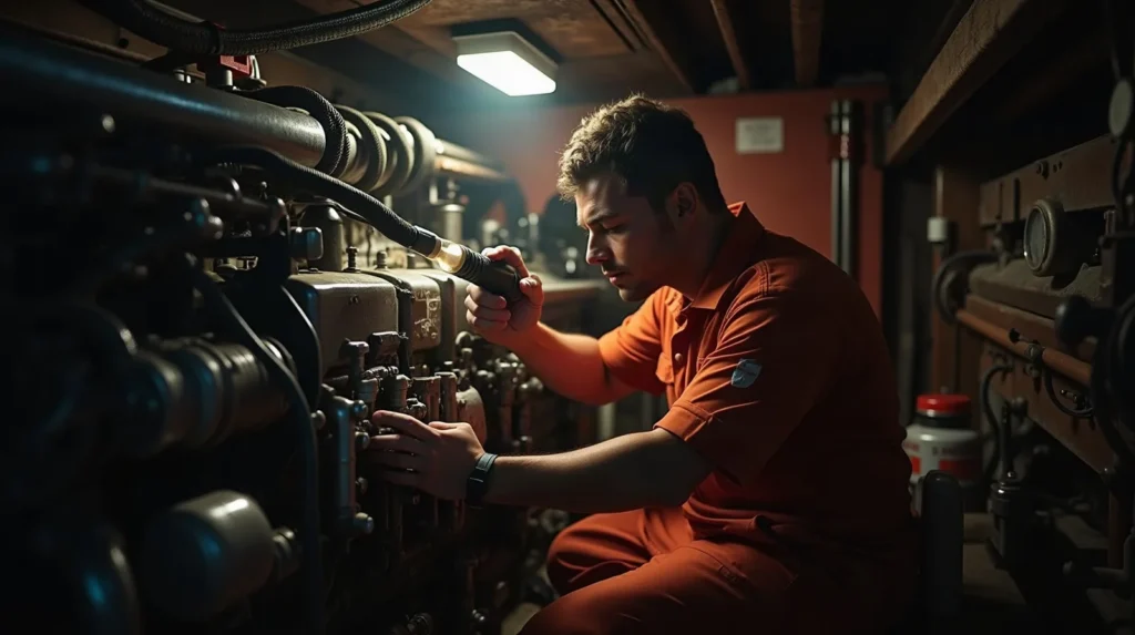 Crew member inspecting the hydraulic steering ram of a motor yacht after a steering failure at sea