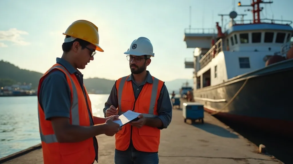 Captain and yard foreman discussing a docking work list on a jetty in Sorong