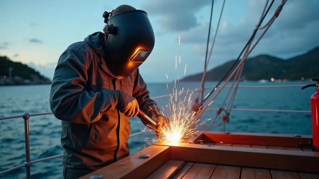 Mobile engineer stick-welding a steel bracket on a liveaboard deck at anchor near Raja Ampat