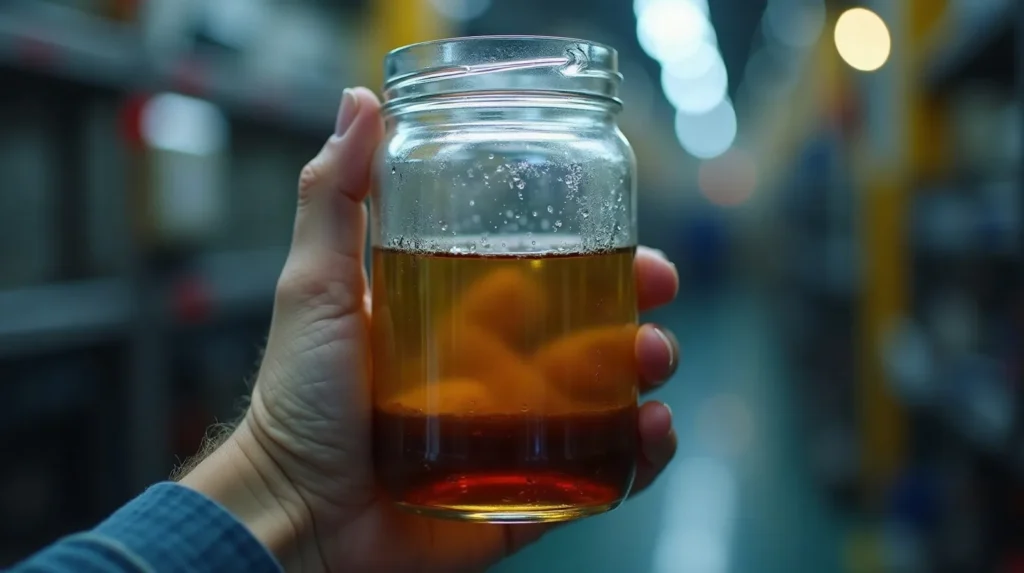 Clear jar fuel sample showing water and diesel bug sludge drained from a boat's primary filter