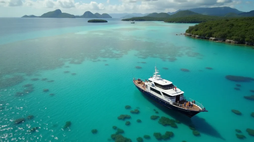 Vessel aground on a shallow reef flat in Raja Ampat while the crew works through first-hour grounding checks
