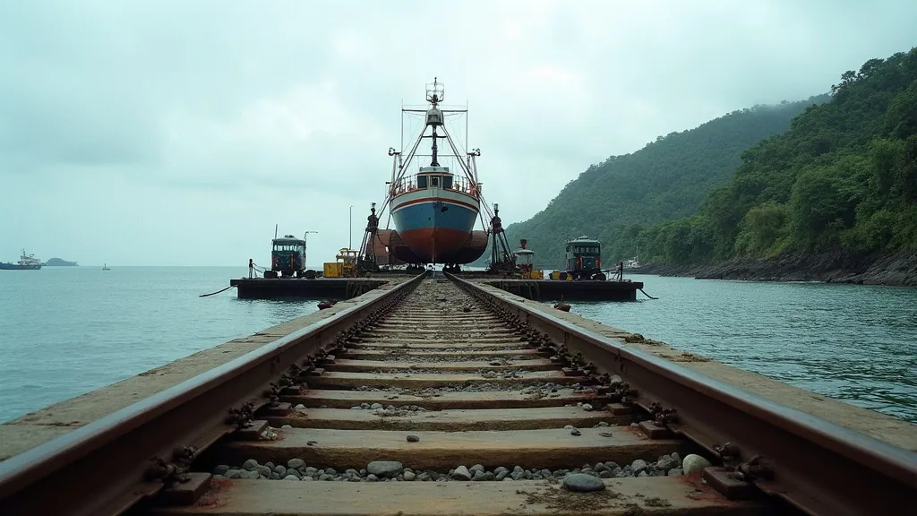Steel liveaboard being winched out of the water on a marine railway slipway near Sorong