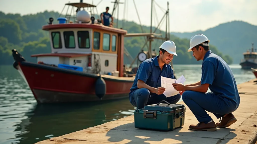Engineer and vessel crew reviewing a written work scope on the dock beside a moored liveaboard