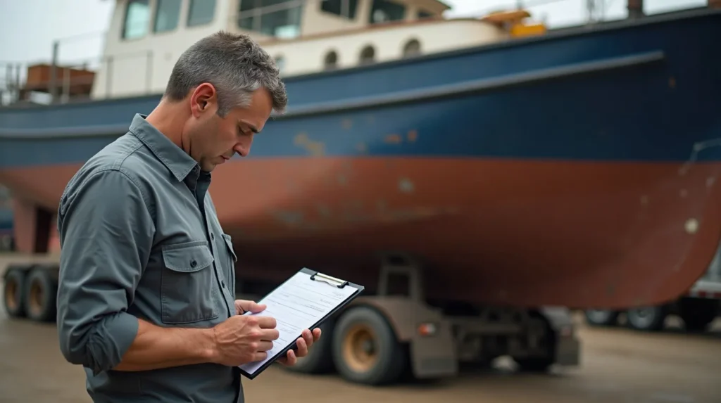 Marine surveyor documenting hull damage during an insurance survey after an incident