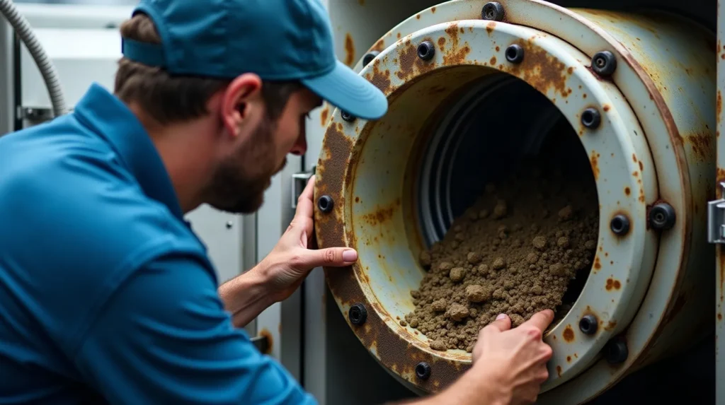 Technician clearing a fouled seawater strainer that starves a marine air-conditioning condenser in the tropics