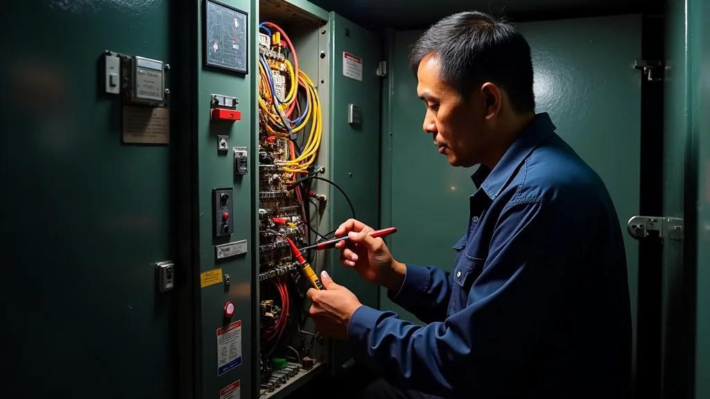 Marine electrician tracing circuits in an open switchboard on a liveaboard in West Papua