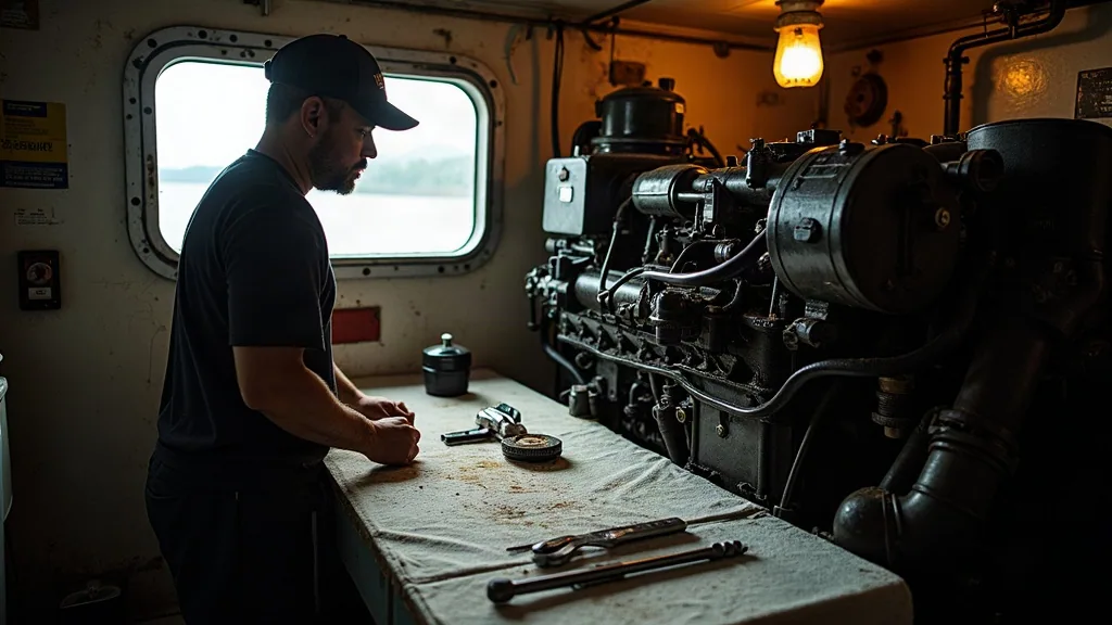 Marine engineer overhauling a marine diesel engine in the engine room of a liveaboard in Sorong