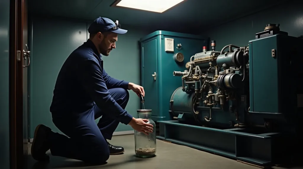 Engineer draining the fuel separator of a marine generator while troubleshooting at anchor