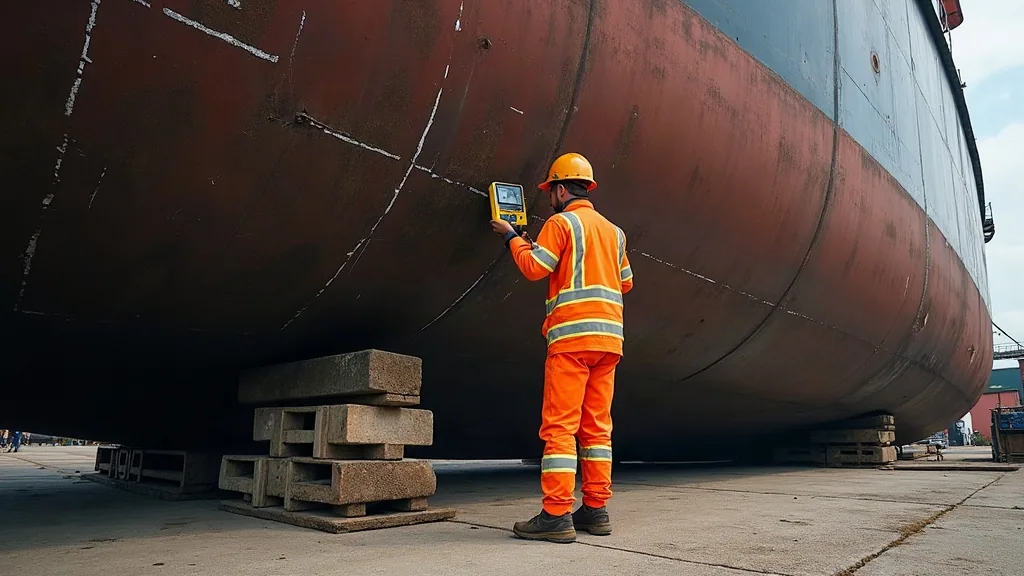 Surveyor taking ultrasonic thickness readings on a blasted steel hull during a docking survey in Sorong