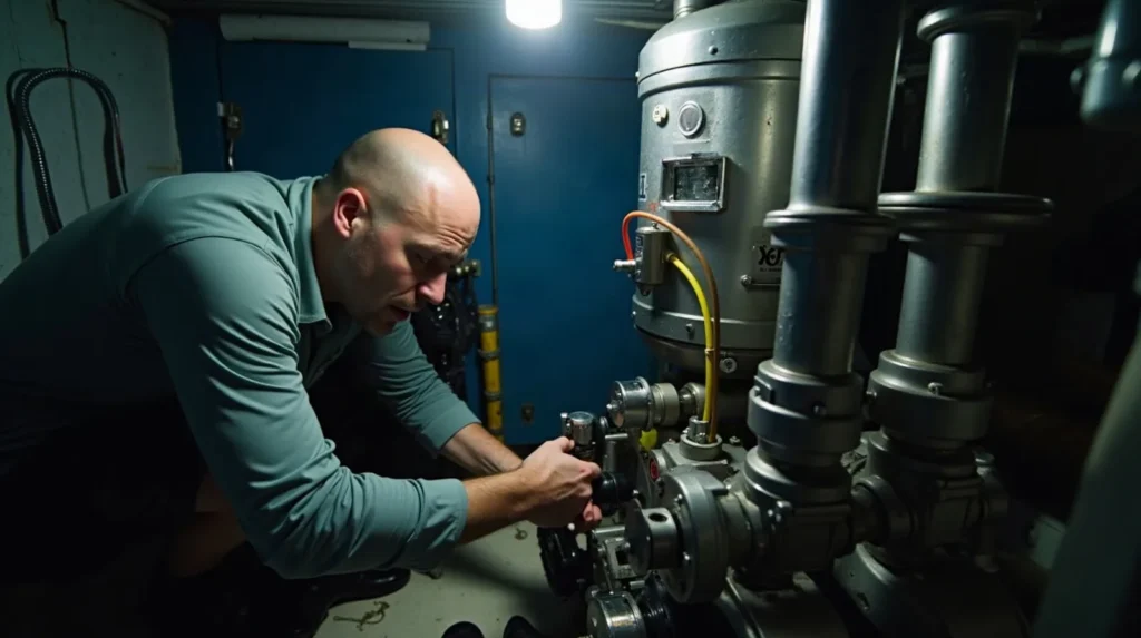 Technician servicing a watermaker high-pressure pump in the machinery space of a liveaboard in Raja Ampat