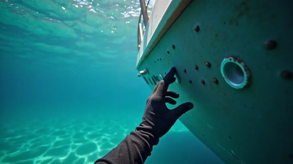 Diver's hand checking dome-shaped osmosis blisters on a fiberglass hull below the waterline