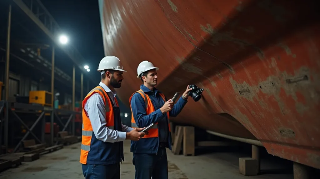 Owner's representative verifying completed hull work with the yard foreman during a yard period