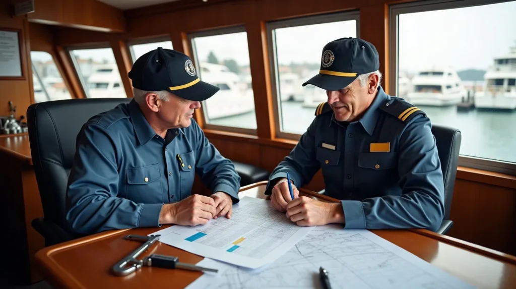 Captain and engineer reviewing the work list and docking plan before a Sorong haul-out