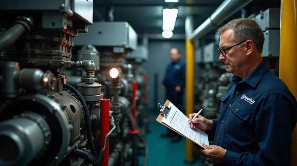 Engineer with a service checklist inspecting a marine diesel engine aboard a charter vessel