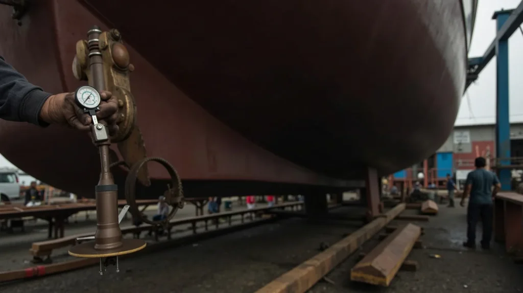 Shipwright measuring the propeller shaft of a vessel hauled on a slipway cradle in Sorong