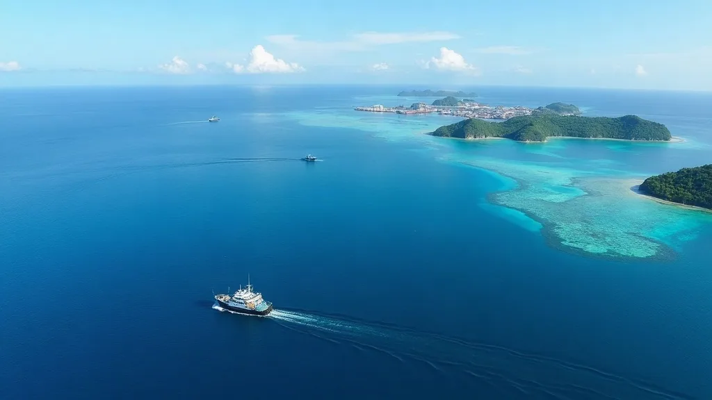 Aerial view of a liveaboard transiting between Sorong and the Raja Ampat islands