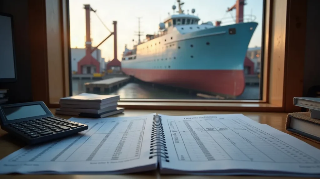 Refit cost sheets and vessel drawings on a yard office desk overlooking a hauled boat
