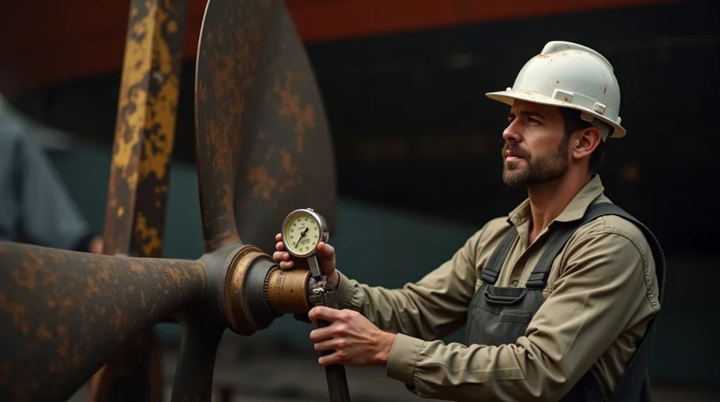Engineer measuring propeller shaft run-out with a dial gauge while diagnosing liveaboard vibration