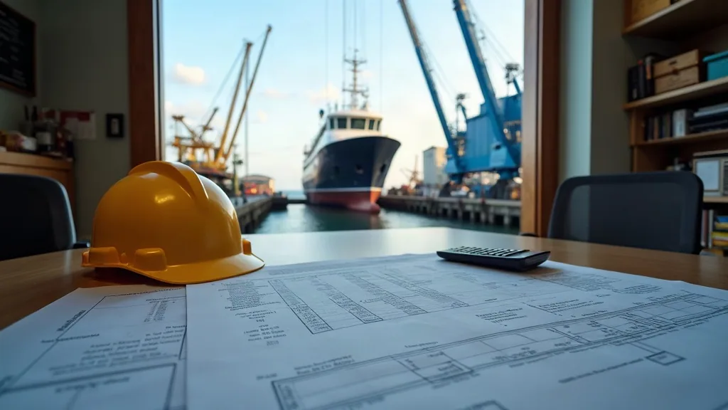 Refit budget and docking schedule planning in a shipyard office overlooking a slipway in Sorong