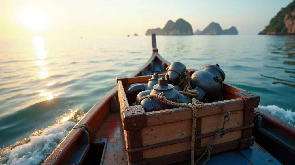 Crate of marine engine spare parts on a small boat crossing toward the karst islands of Raja Ampat