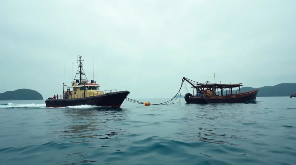 Workboat towing a disabled liveaboard toward Sorong across open water in the Raja Ampat area