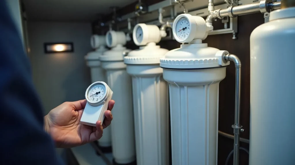 Watermaker membrane vessels and gauges aboard a liveaboard during field troubleshooting