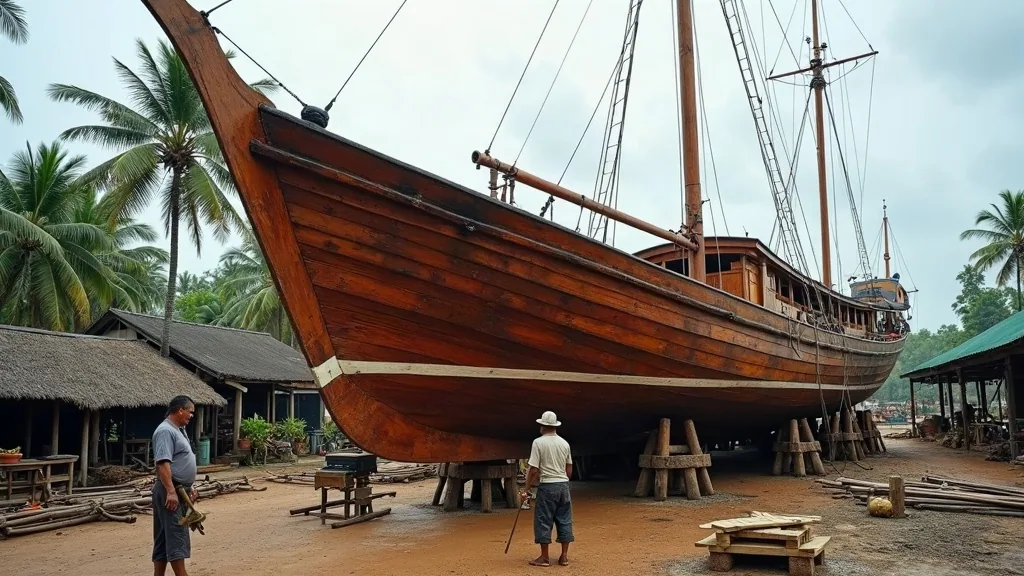 Shipwrights recaulking the hull of a wooden phinisi liveaboard ashore at a yard near Sorong