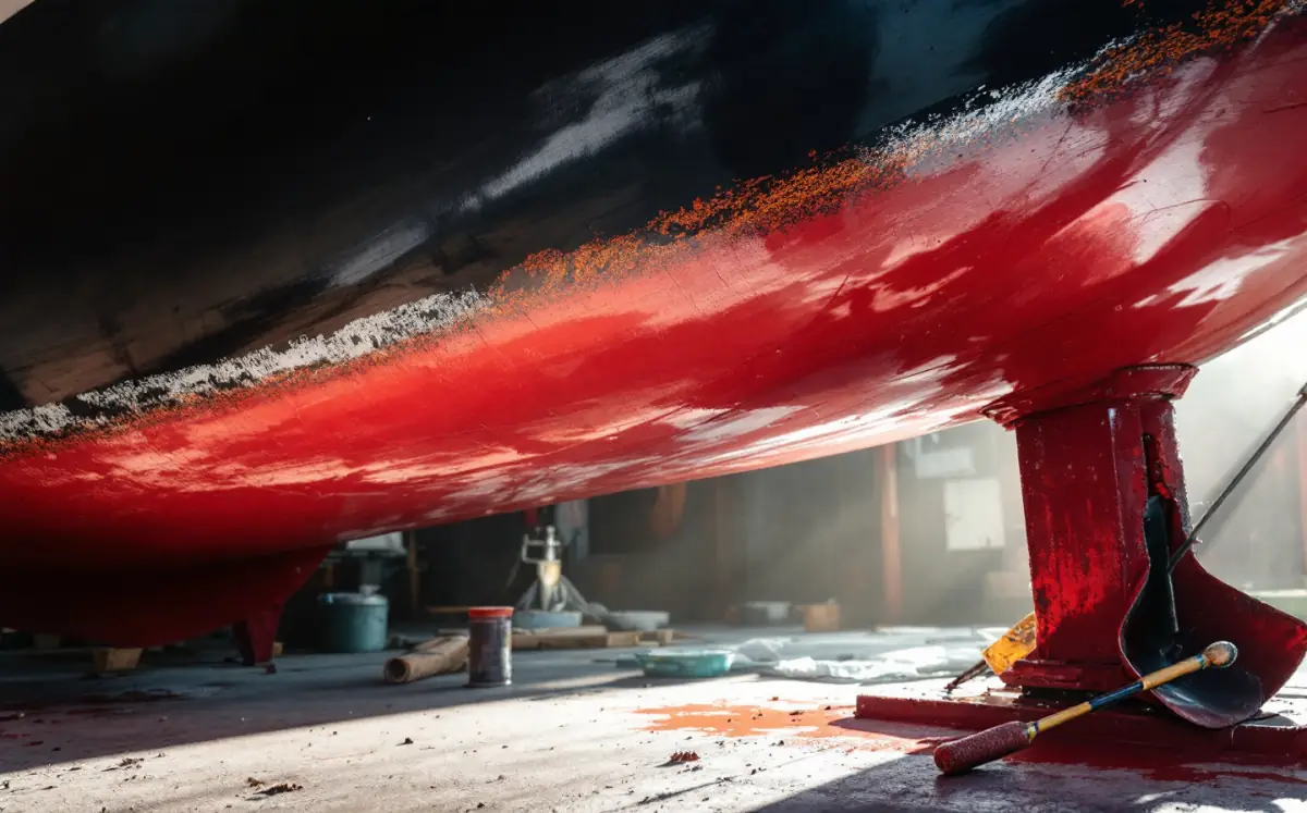 Antifouling paint being rolled onto a hull below the waterline over red-lead primer