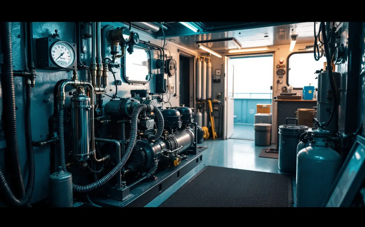 High-pressure dive breathing-air compressor opened for service on a liveaboard dive deck