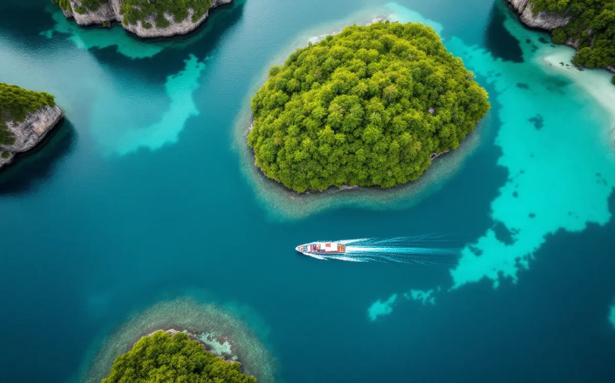 Working vessel transiting between limestone karst islands in Raja Ampat toward Sorong
